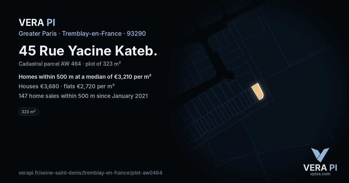 45 Rue Yacine Kateb, Tremblay-en-France at night – the plot lit, the parcels around coloured by the prices near them