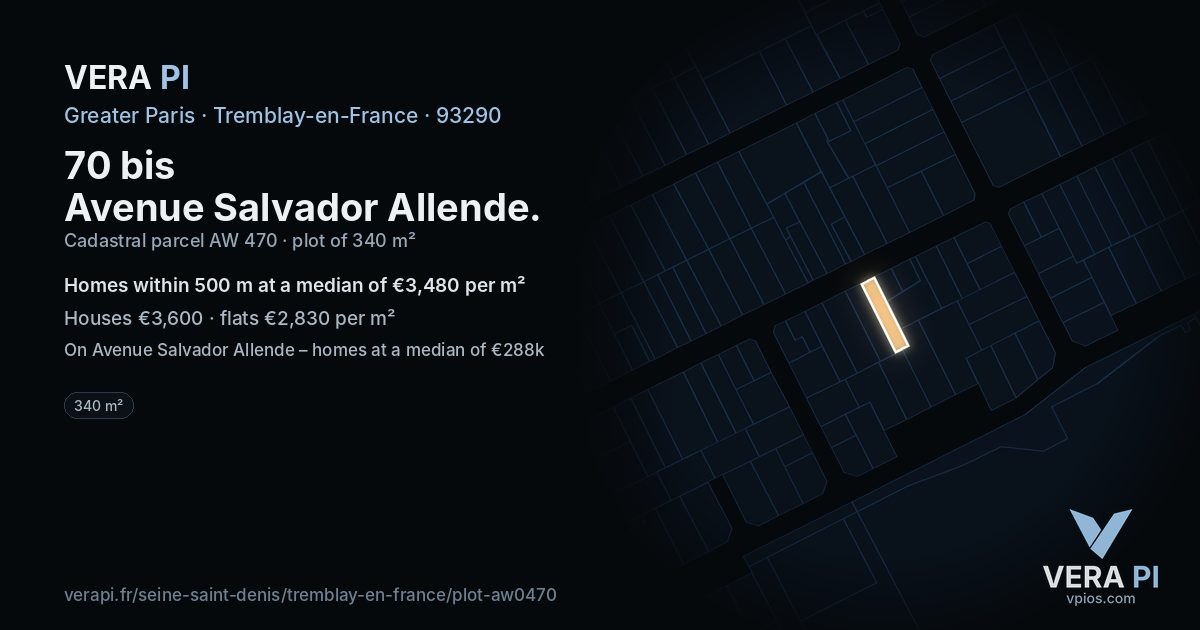 70 bis Avenue Salvador Allende, Tremblay-en-France at night – the plot lit, the parcels around coloured by the prices near them