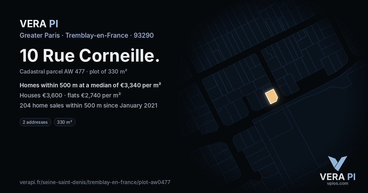 10 Rue Corneille, Tremblay-en-France at night – the plot lit, the parcels around coloured by the prices near them