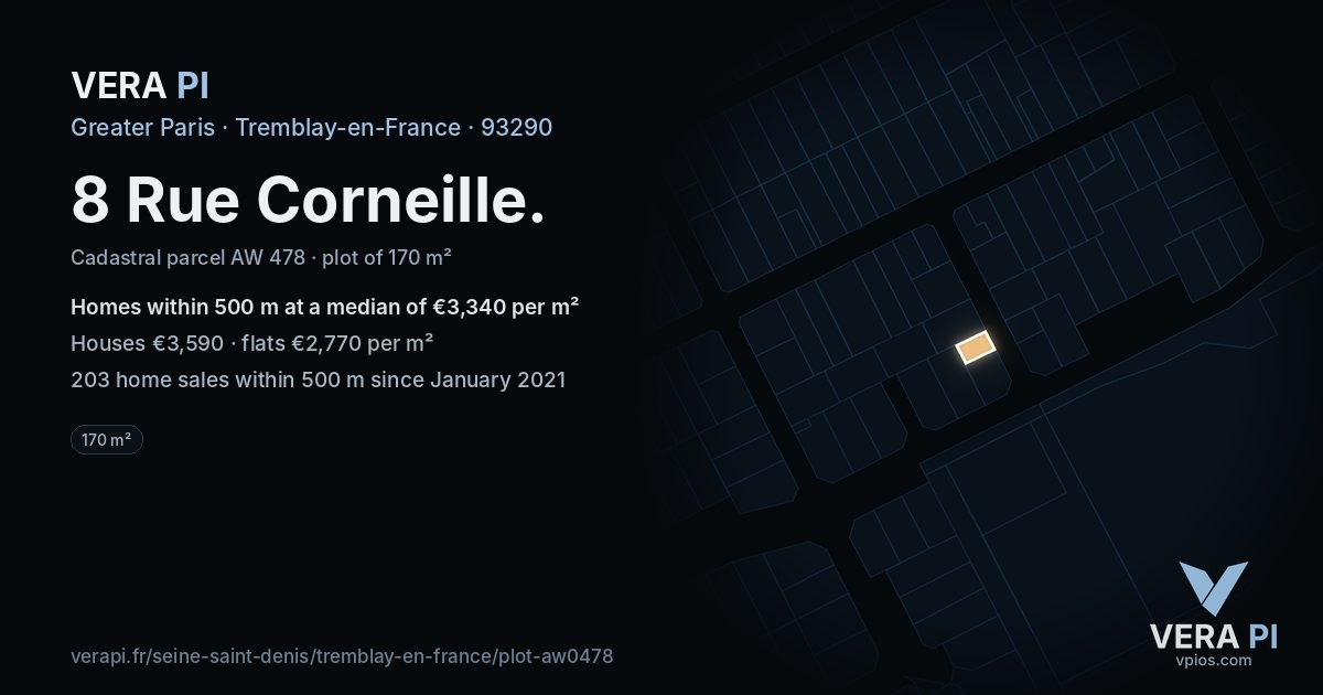 8 Rue Corneille, Tremblay-en-France at night – the plot lit, the parcels around coloured by the prices near them