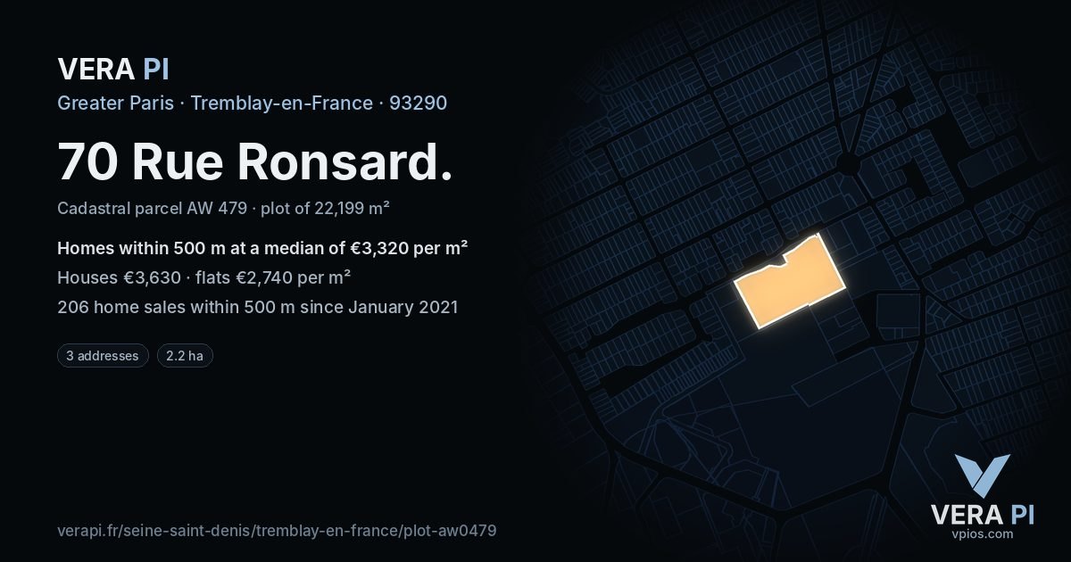 70 Rue Ronsard, Tremblay-en-France at night – the plot lit, the parcels around coloured by the prices near them