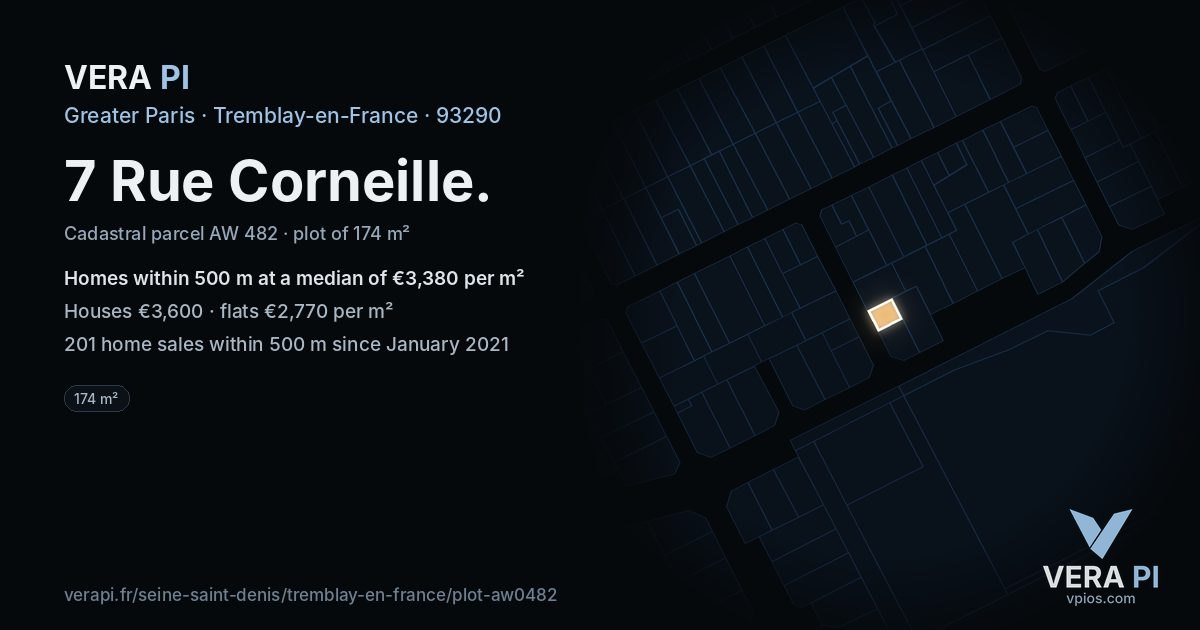 7 Rue Corneille, Tremblay-en-France at night – the plot lit, the parcels around coloured by the prices near them