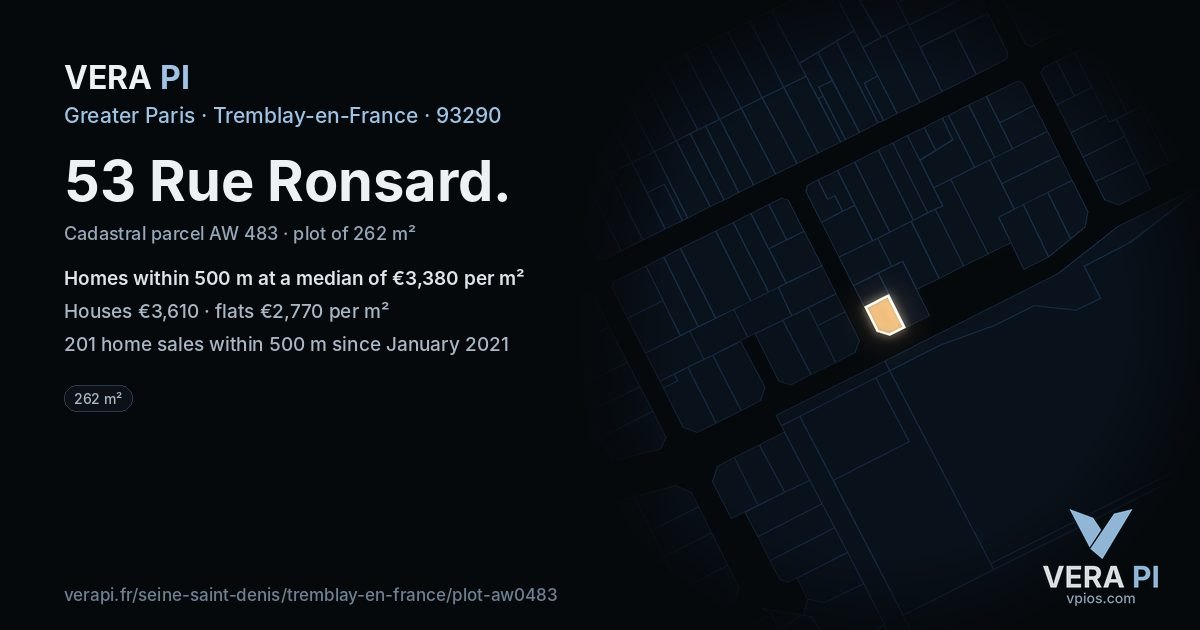 53 Rue Ronsard, Tremblay-en-France at night – the plot lit, the parcels around coloured by the prices near them