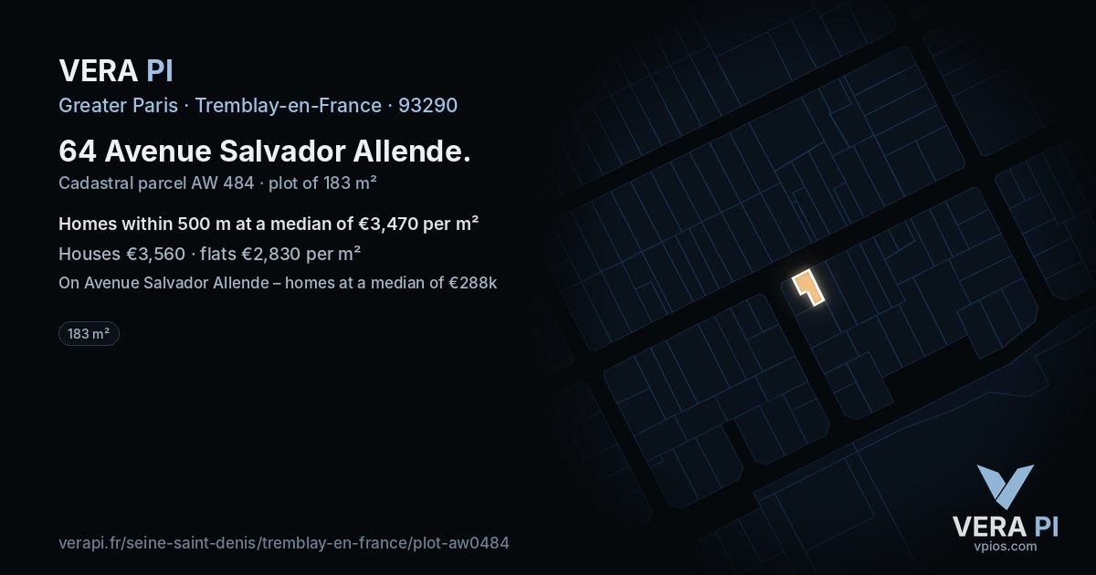 64 Avenue Salvador Allende, Tremblay-en-France at night – the plot lit, the parcels around coloured by the prices near them