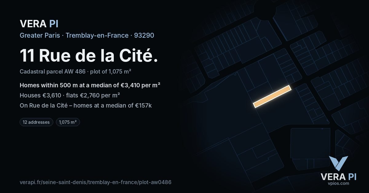 11 Rue de la Cité, Tremblay-en-France at night – the plot lit, the parcels around coloured by the prices near them