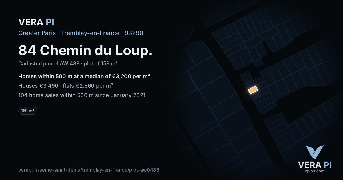 84 Chemin du Loup, Tremblay-en-France at night – the plot lit, the parcels around coloured by the prices near them