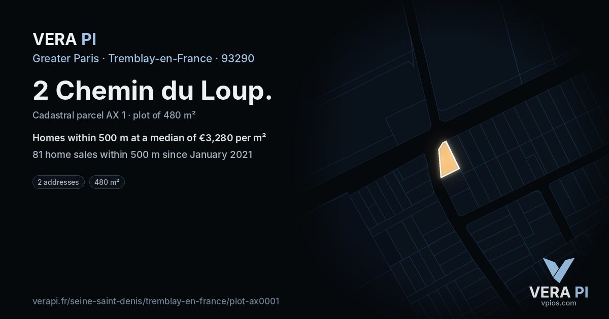 2 Chemin du Loup, Tremblay-en-France at night – the plot lit, the parcels around coloured by the prices near them