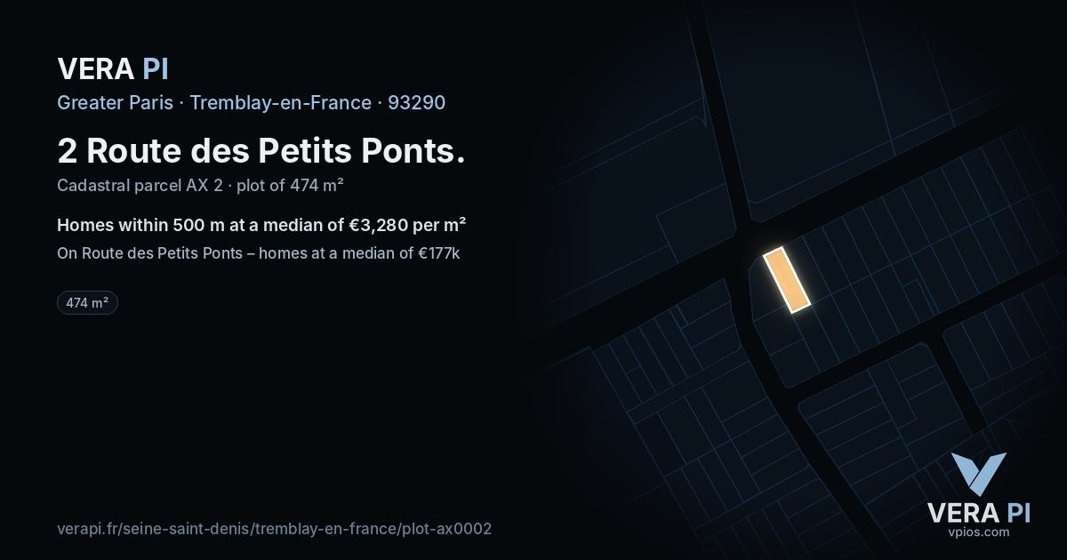 2 Route des Petits Ponts, Tremblay-en-France at night – the plot lit, the parcels around coloured by the prices near them