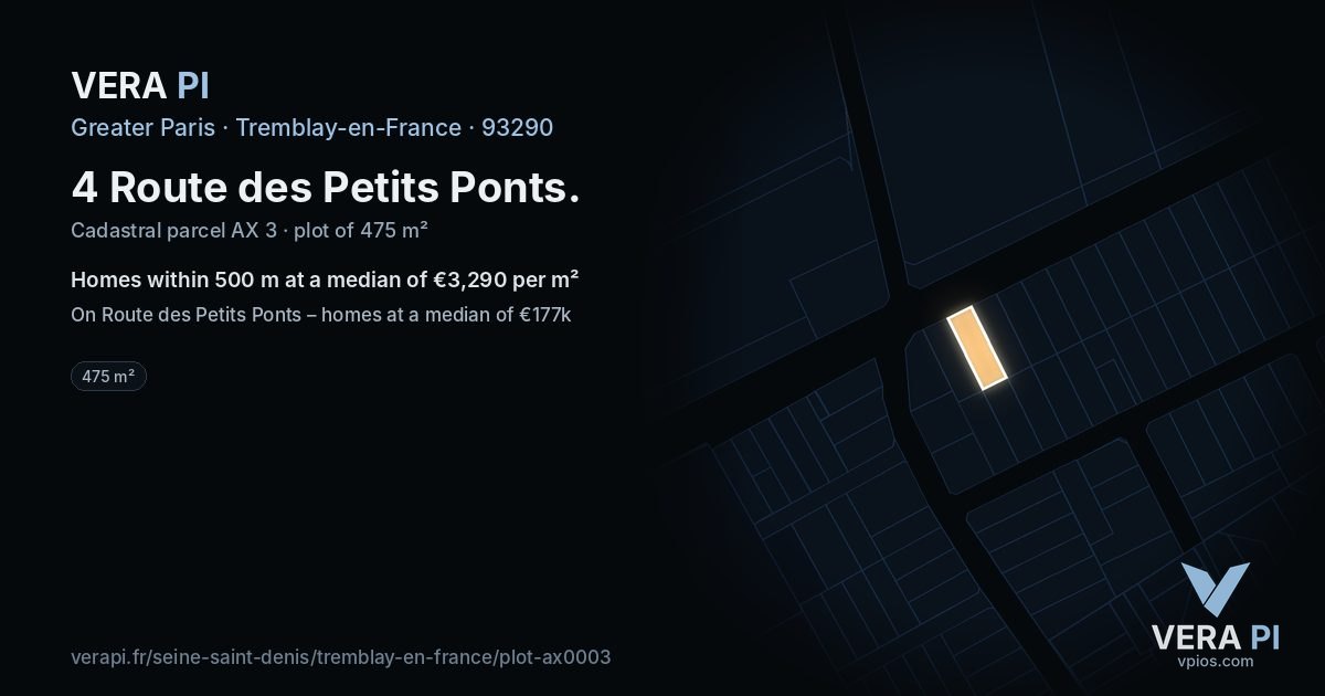 4 Route des Petits Ponts, Tremblay-en-France at night – the plot lit, the parcels around coloured by the prices near them