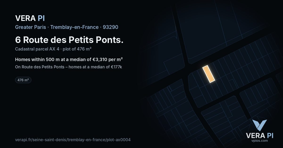 6 Route des Petits Ponts, Tremblay-en-France at night – the plot lit, the parcels around coloured by the prices near them