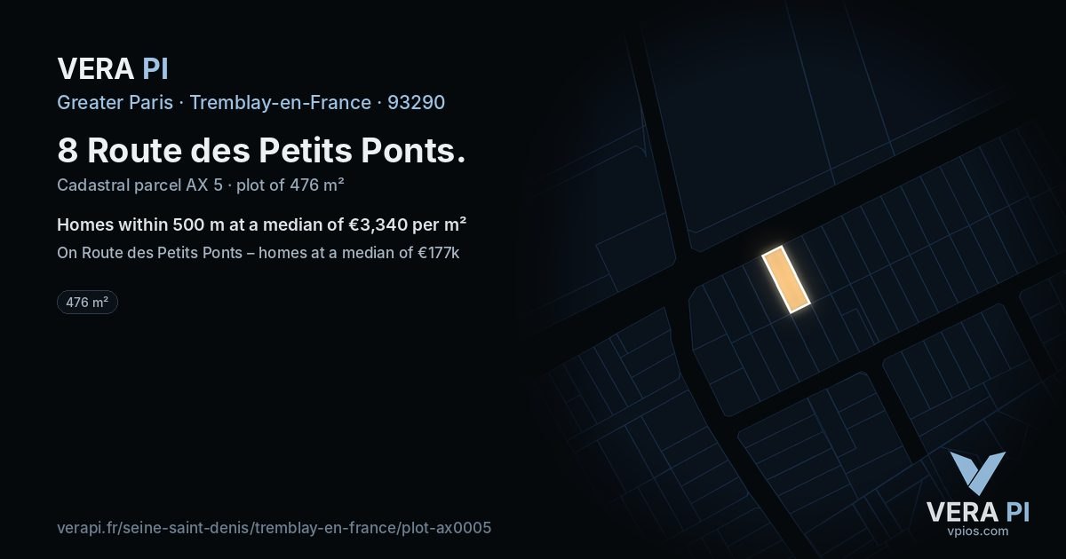 8 Route des Petits Ponts, Tremblay-en-France at night – the plot lit, the parcels around coloured by the prices near them