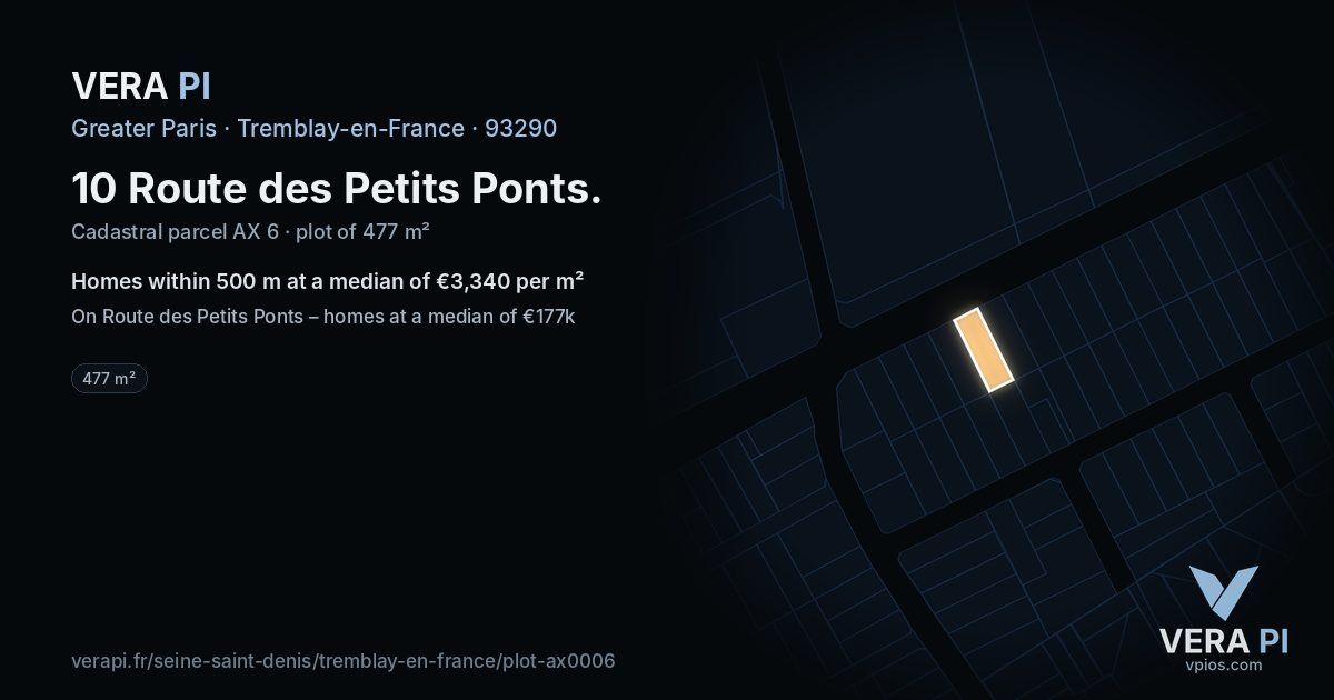10 Route des Petits Ponts, Tremblay-en-France at night – the plot lit, the parcels around coloured by the prices near them
