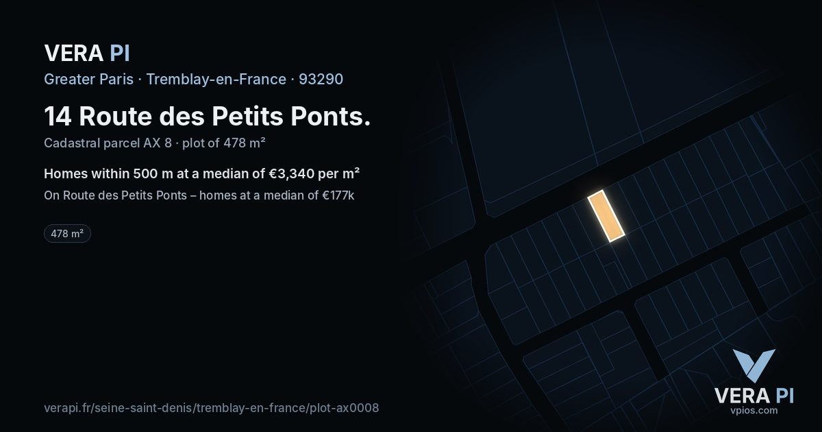 14 Route des Petits Ponts, Tremblay-en-France at night – the plot lit, the parcels around coloured by the prices near them