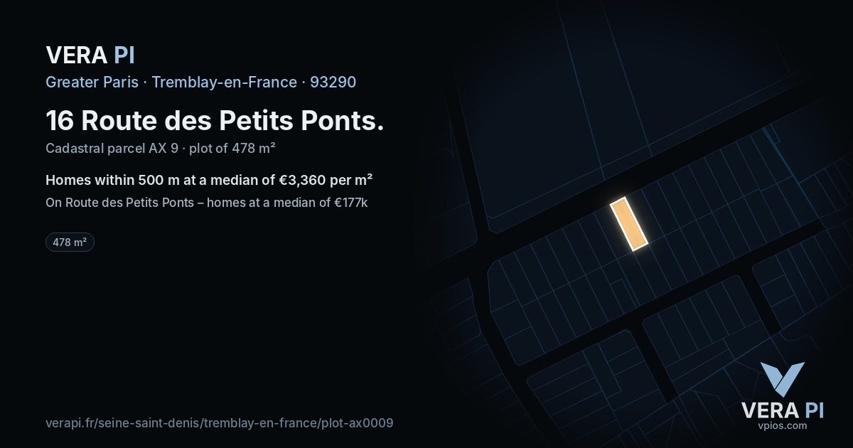 16 Route des Petits Ponts, Tremblay-en-France at night – the plot lit, the parcels around coloured by the prices near them