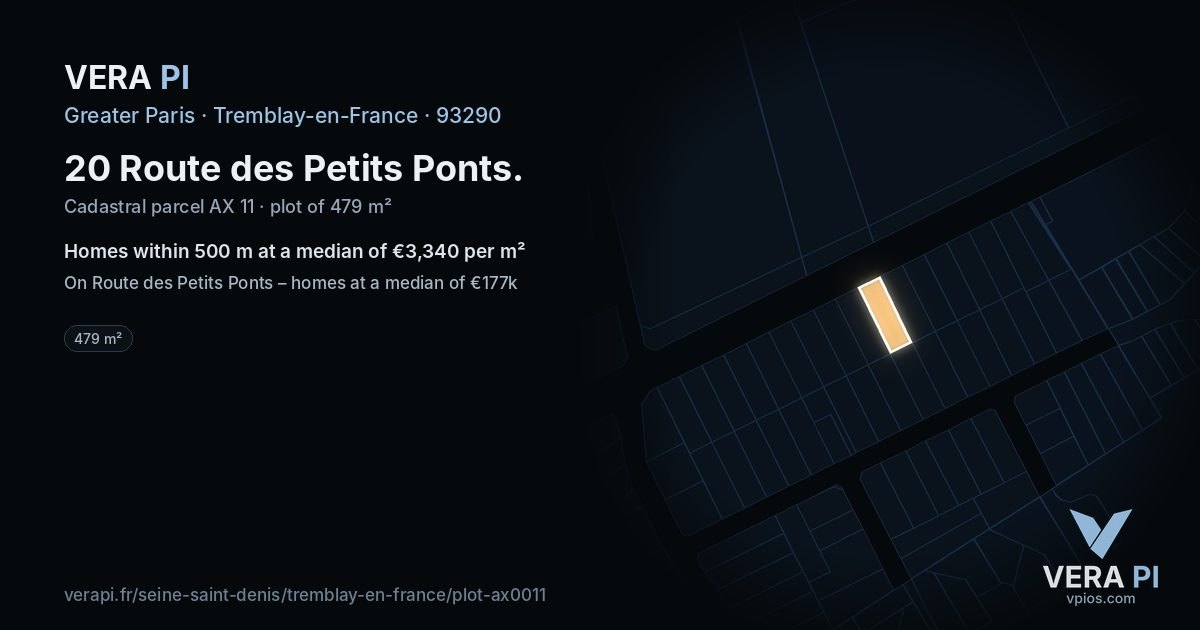 20 Route des Petits Ponts, Tremblay-en-France at night – the plot lit, the parcels around coloured by the prices near them
