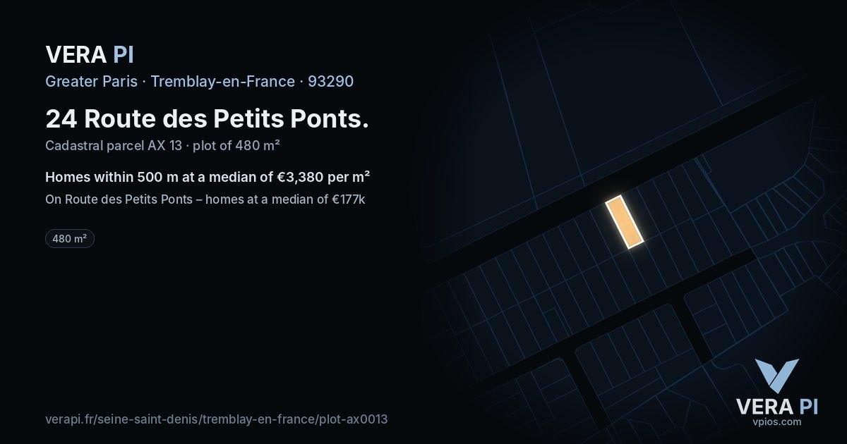 24 Route des Petits Ponts, Tremblay-en-France at night – the plot lit, the parcels around coloured by the prices near them