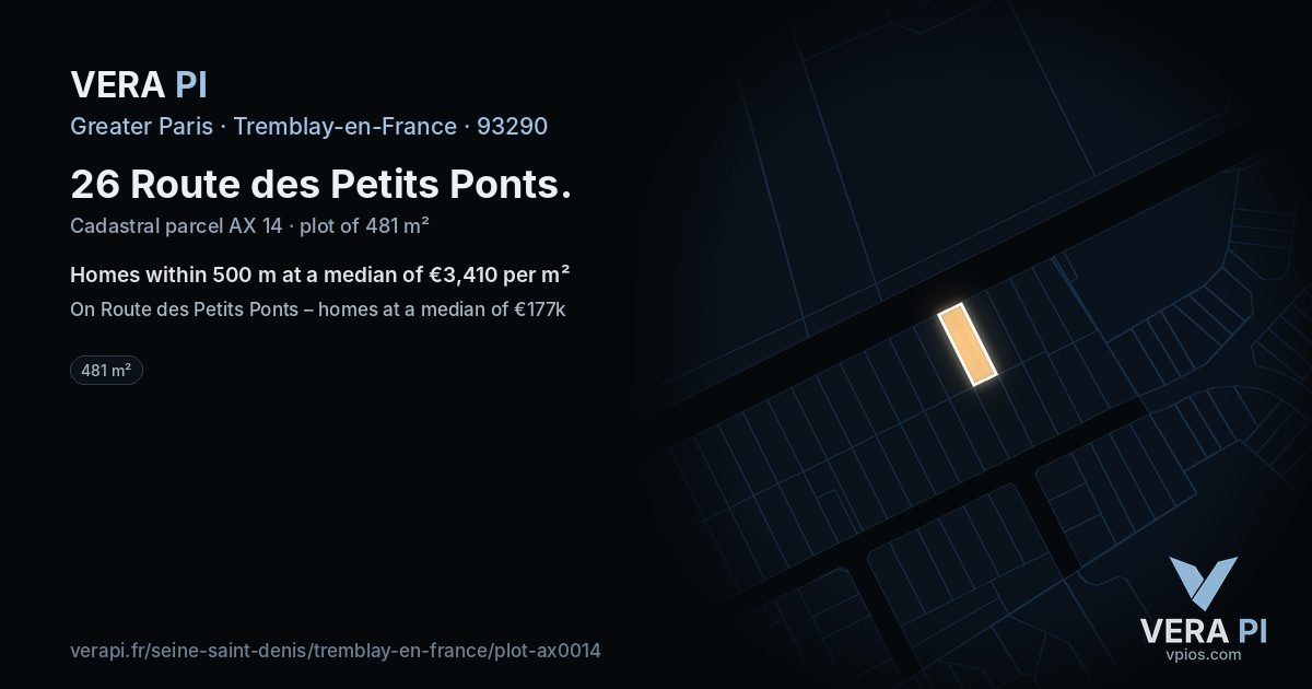 26 Route des Petits Ponts, Tremblay-en-France at night – the plot lit, the parcels around coloured by the prices near them
