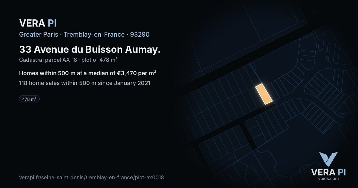 33 Avenue du Buisson Aumay, Tremblay-en-France at night – the plot lit, the parcels around coloured by the prices near them