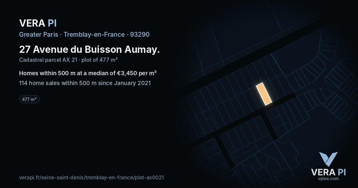 27 Avenue du Buisson Aumay, Tremblay-en-France at night – the plot lit, the parcels around coloured by the prices near them