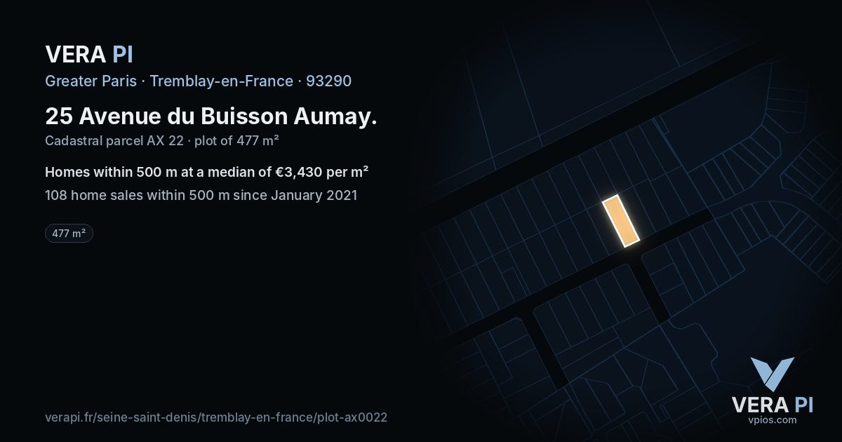 25 Avenue du Buisson Aumay, Tremblay-en-France at night – the plot lit, the parcels around coloured by the prices near them