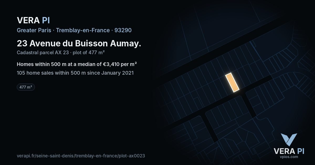 23 Avenue du Buisson Aumay, Tremblay-en-France at night – the plot lit, the parcels around coloured by the prices near them