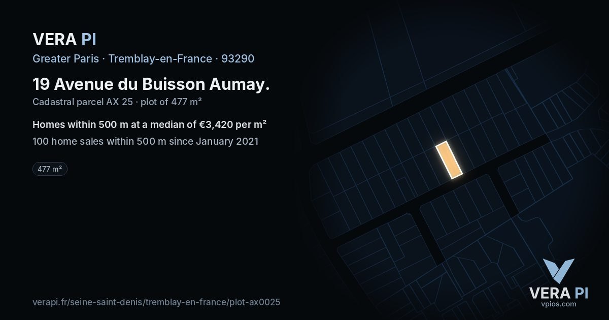 19 Avenue du Buisson Aumay, Tremblay-en-France at night – the plot lit, the parcels around coloured by the prices near them