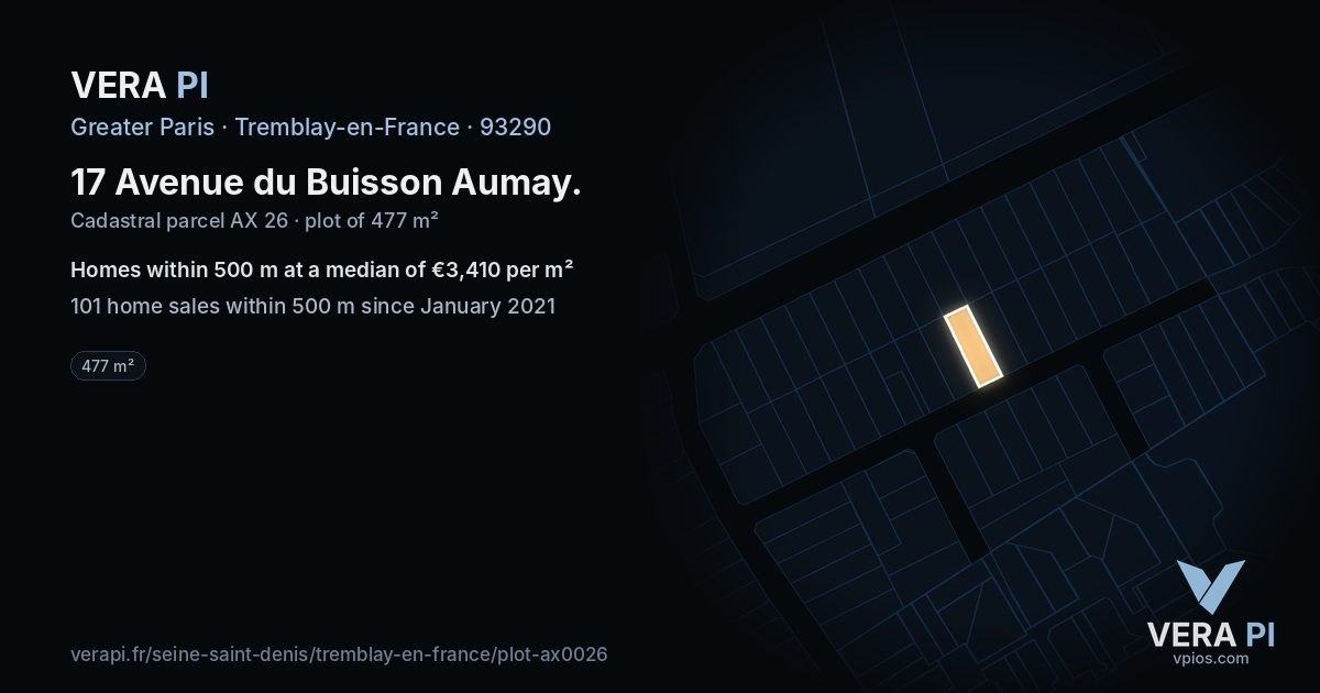 17 Avenue du Buisson Aumay, Tremblay-en-France at night – the plot lit, the parcels around coloured by the prices near them