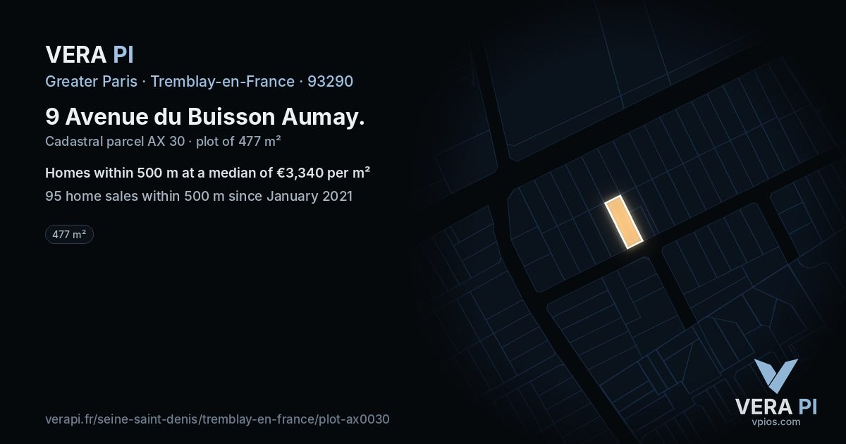 9 Avenue du Buisson Aumay, Tremblay-en-France at night – the plot lit, the parcels around coloured by the prices near them