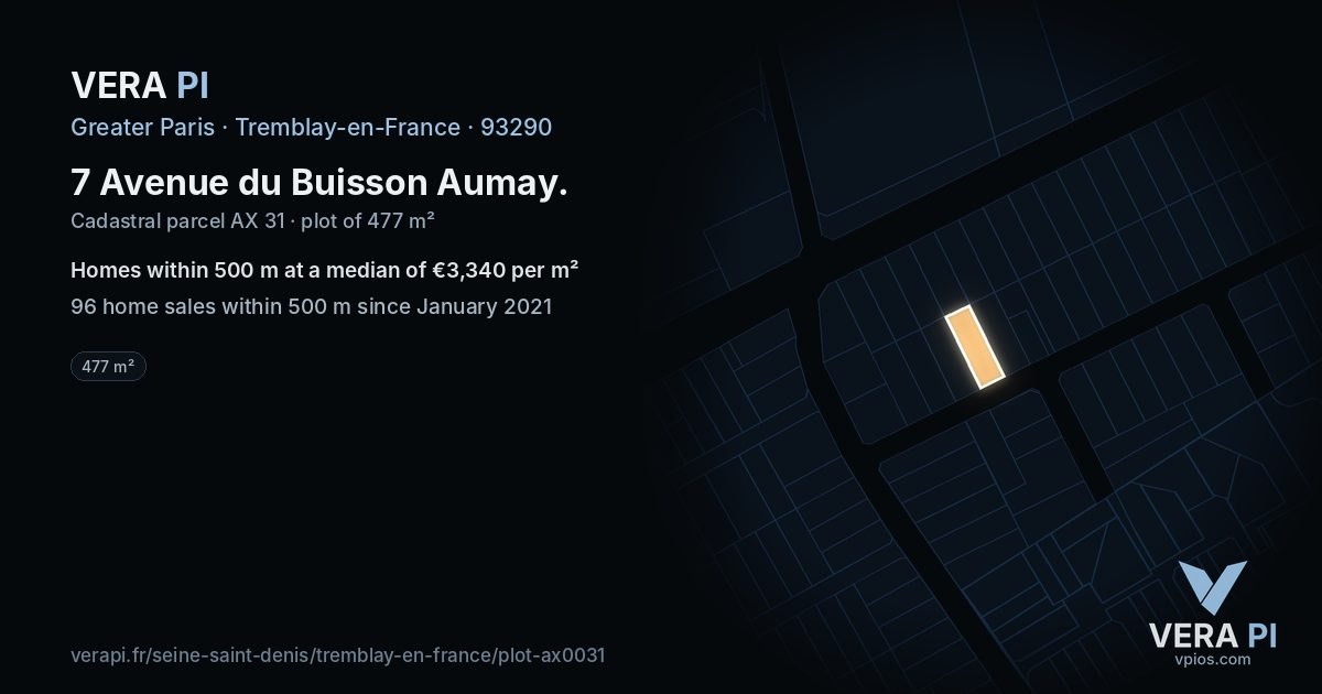 7 Avenue du Buisson Aumay, Tremblay-en-France at night – the plot lit, the parcels around coloured by the prices near them
