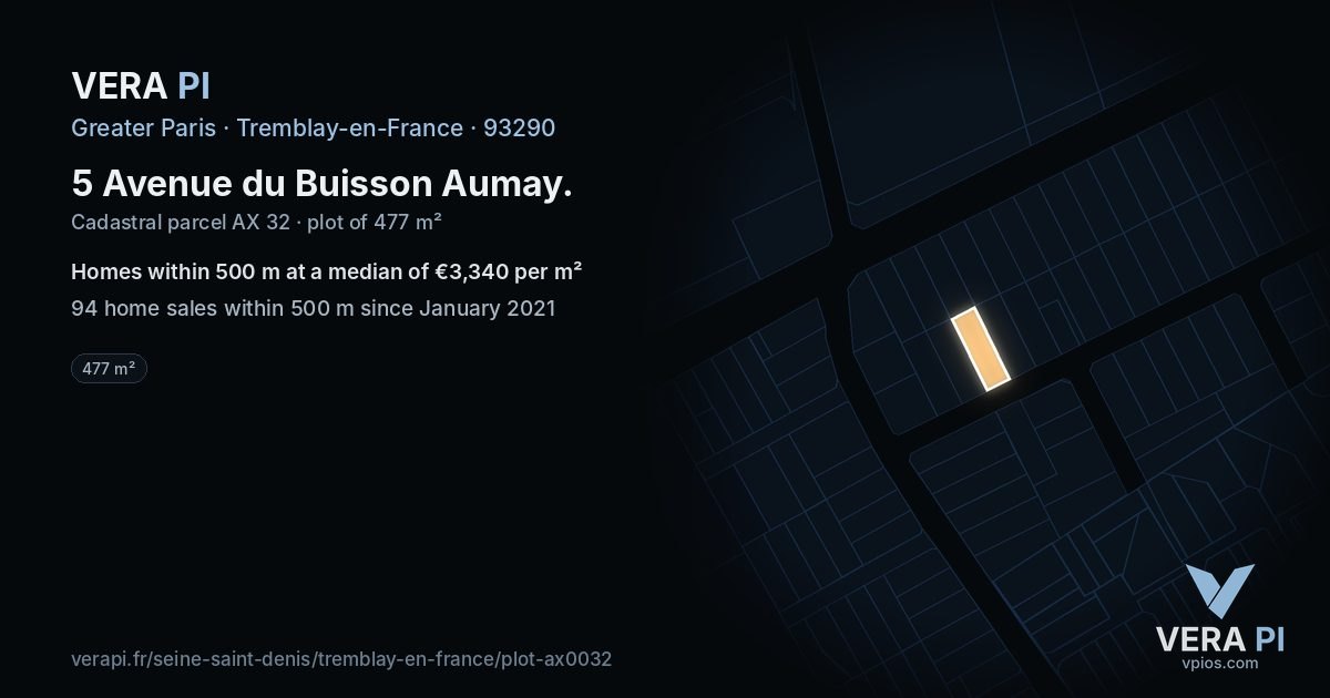 5 Avenue du Buisson Aumay, Tremblay-en-France at night – the plot lit, the parcels around coloured by the prices near them