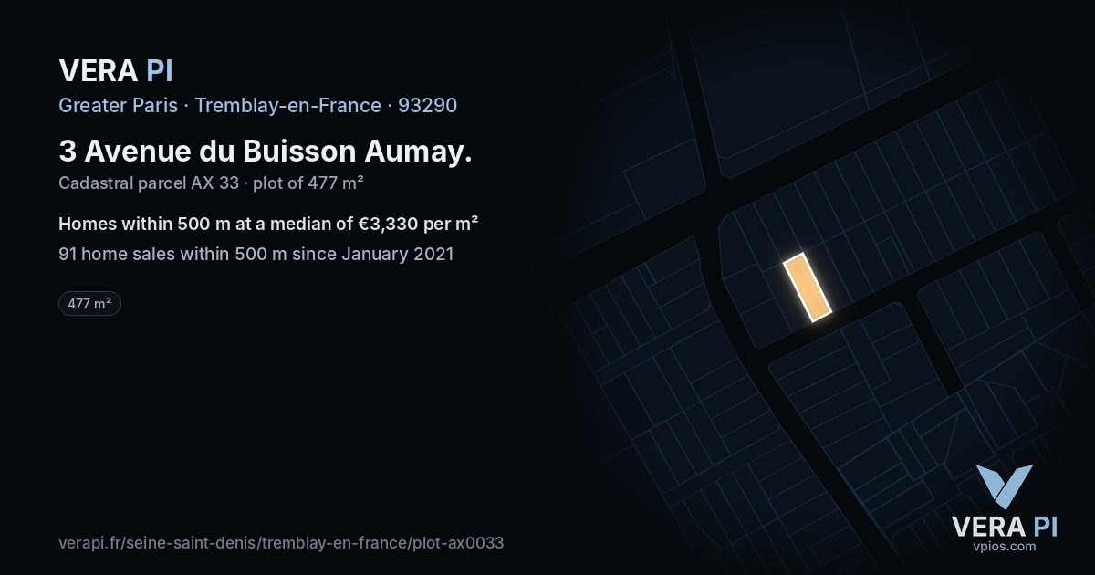 3 Avenue du Buisson Aumay, Tremblay-en-France at night – the plot lit, the parcels around coloured by the prices near them