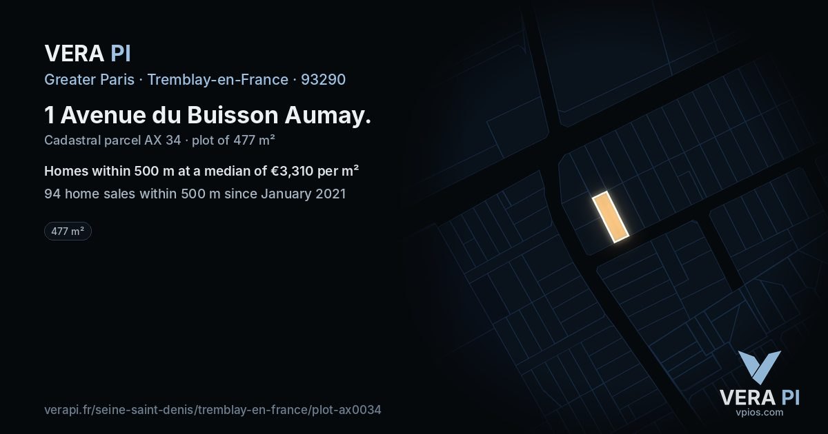 1 Avenue du Buisson Aumay, Tremblay-en-France at night – the plot lit, the parcels around coloured by the prices near them