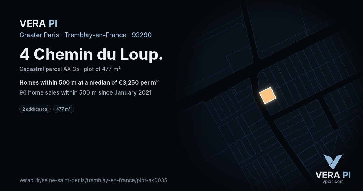 4 Chemin du Loup, Tremblay-en-France at night – the plot lit, the parcels around coloured by the prices near them