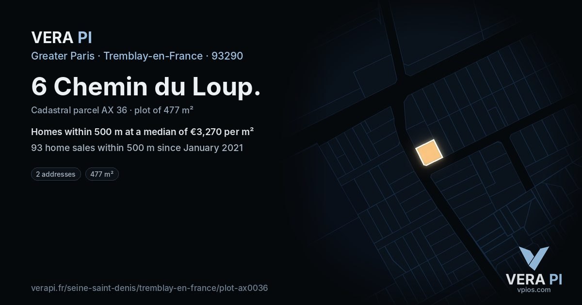 6 Chemin du Loup, Tremblay-en-France at night – the plot lit, the parcels around coloured by the prices near them