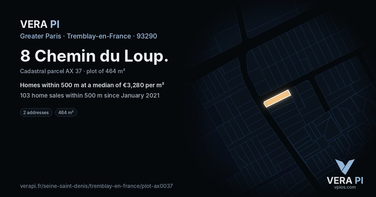 8 Chemin du Loup, Tremblay-en-France at night – the plot lit, the parcels around coloured by the prices near them