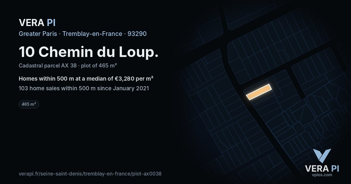 10 Chemin du Loup, Tremblay-en-France at night – the plot lit, the parcels around coloured by the prices near them
