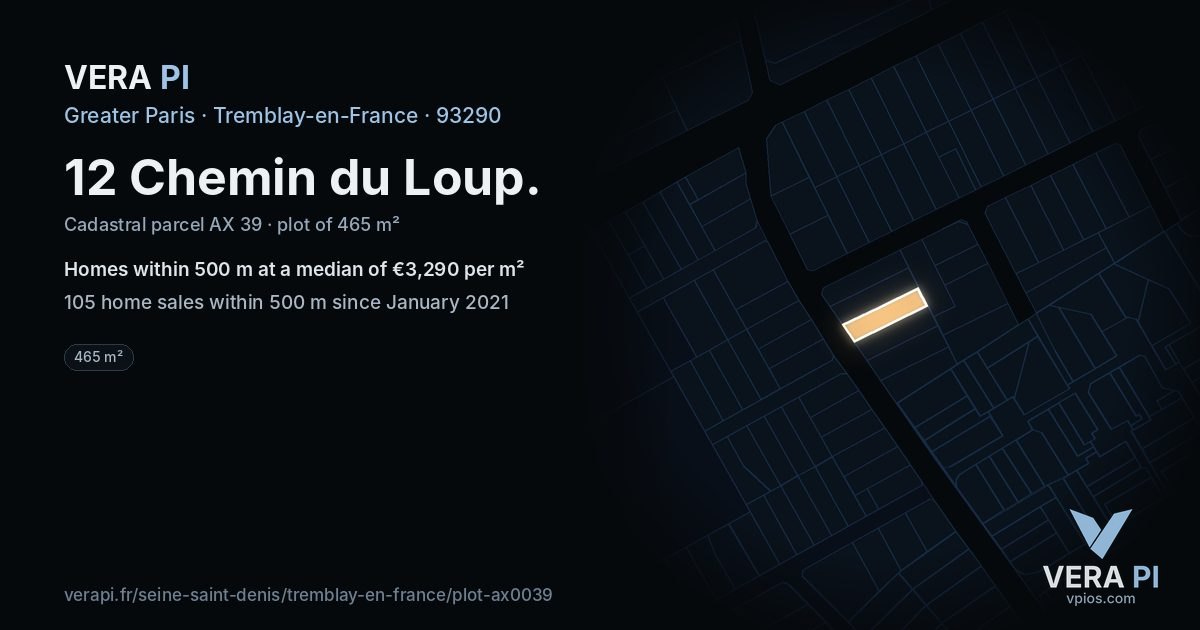 12 Chemin du Loup, Tremblay-en-France at night – the plot lit, the parcels around coloured by the prices near them
