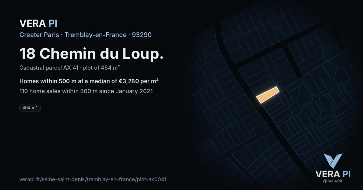 18 Chemin du Loup, Tremblay-en-France at night – the plot lit, the parcels around coloured by the prices near them