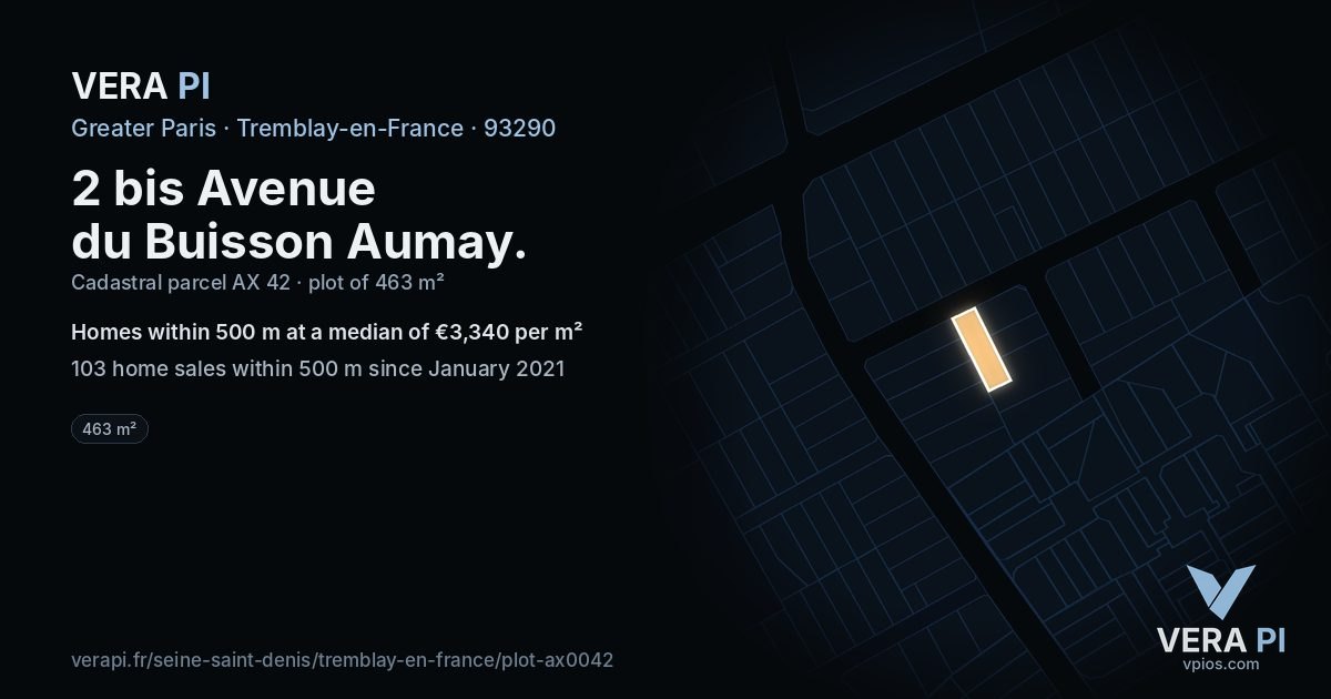 2 bis Avenue du Buisson Aumay, Tremblay-en-France at night – the plot lit, the parcels around coloured by the prices near them