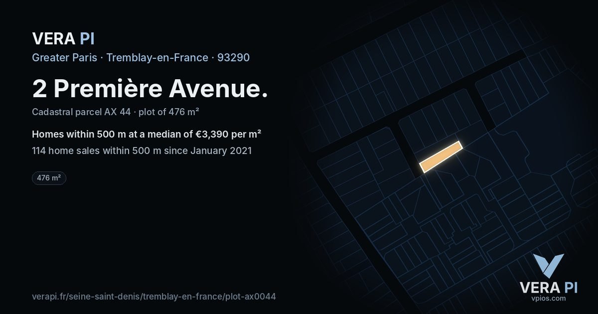 2 Première Avenue, Tremblay-en-France at night – the plot lit, the parcels around coloured by the prices near them