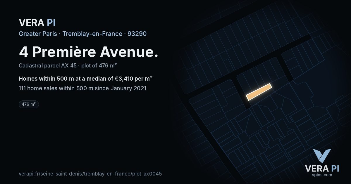 4 Première Avenue, Tremblay-en-France at night – the plot lit, the parcels around coloured by the prices near them