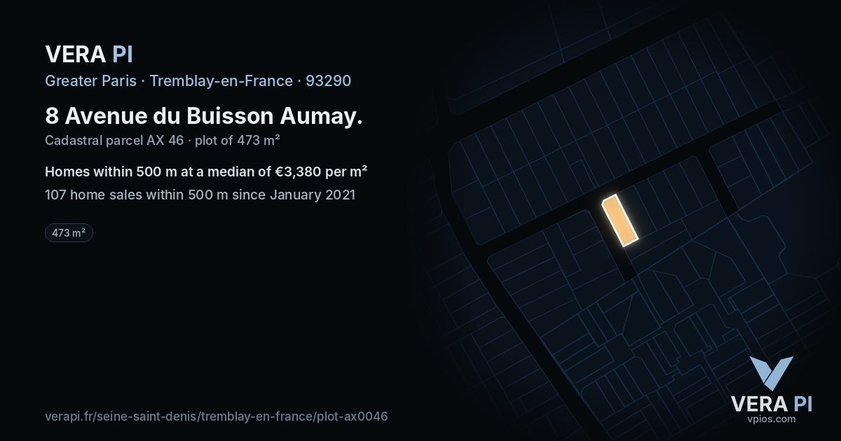 8 Avenue du Buisson Aumay, Tremblay-en-France at night – the plot lit, the parcels around coloured by the prices near them