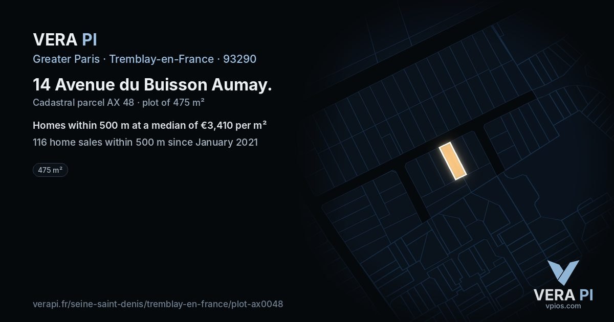 14 Avenue du Buisson Aumay, Tremblay-en-France at night – the plot lit, the parcels around coloured by the prices near them