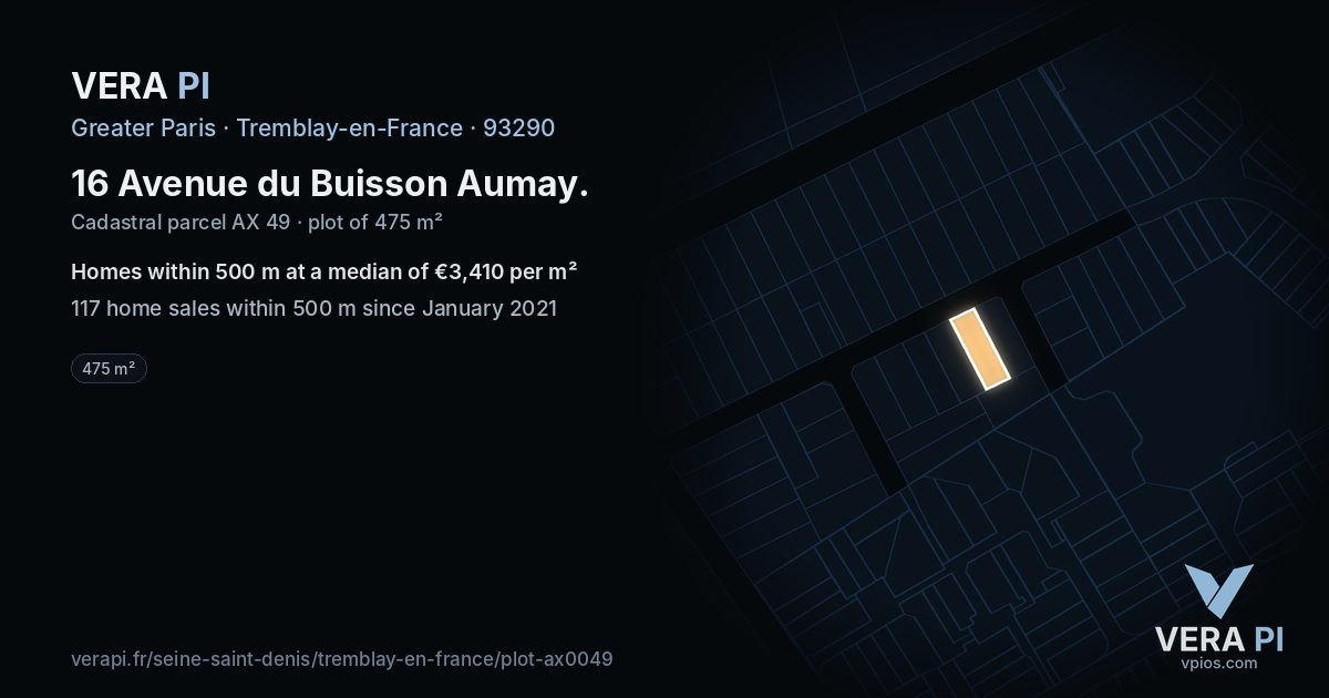 16 Avenue du Buisson Aumay, Tremblay-en-France at night – the plot lit, the parcels around coloured by the prices near them