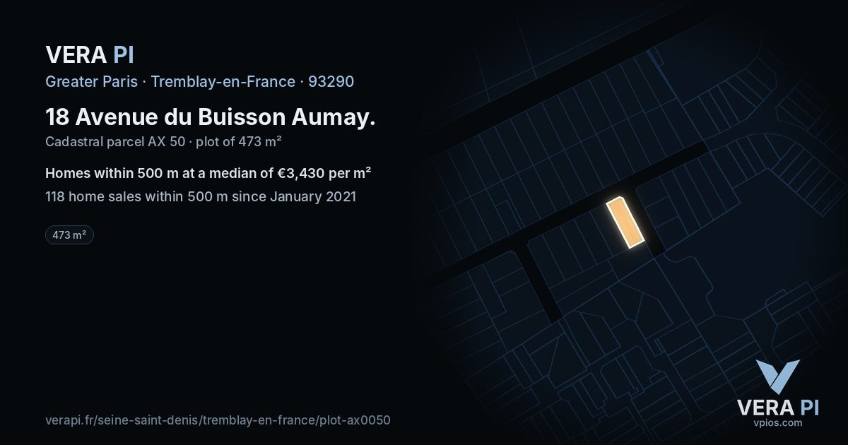 18 Avenue du Buisson Aumay, Tremblay-en-France at night – the plot lit, the parcels around coloured by the prices near them