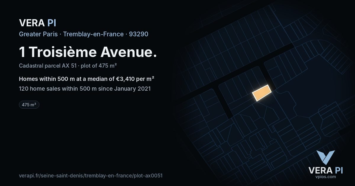 1 Troisième Avenue, Tremblay-en-France at night – the plot lit, the parcels around coloured by the prices near them