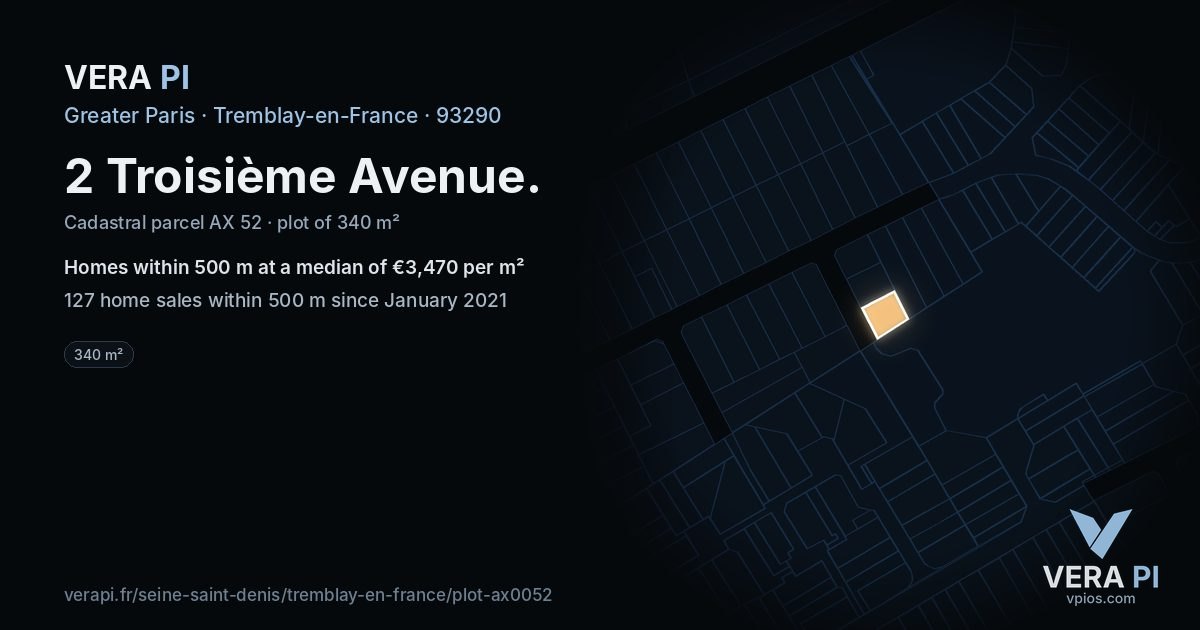 2 Troisième Avenue, Tremblay-en-France at night – the plot lit, the parcels around coloured by the prices near them