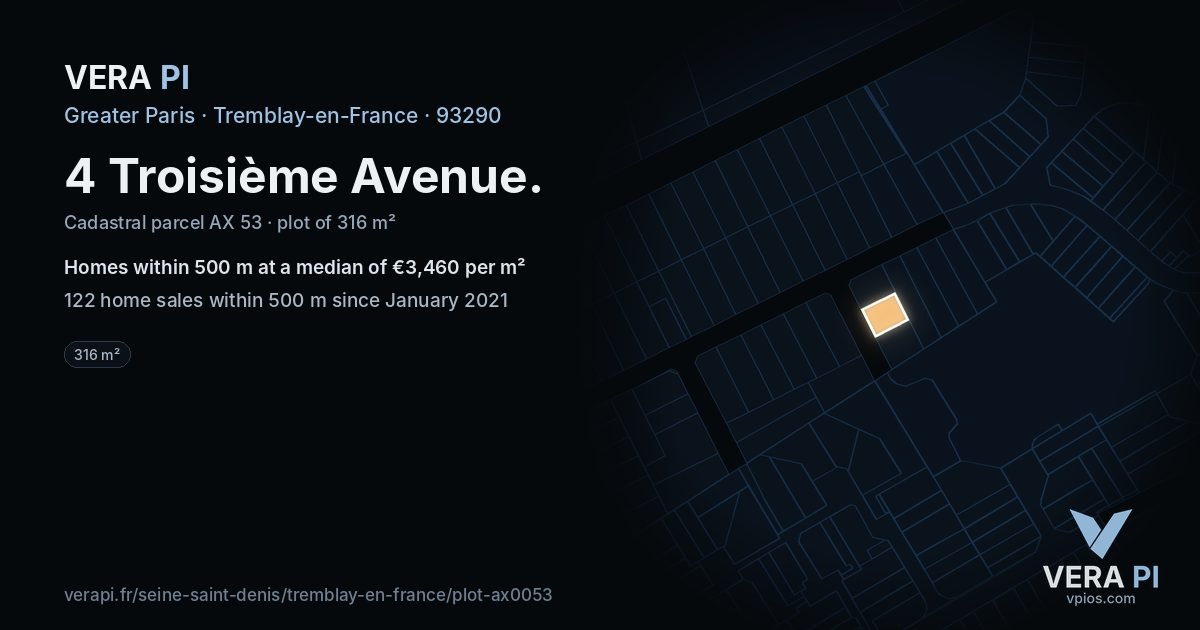 4 Troisième Avenue, Tremblay-en-France at night – the plot lit, the parcels around coloured by the prices near them