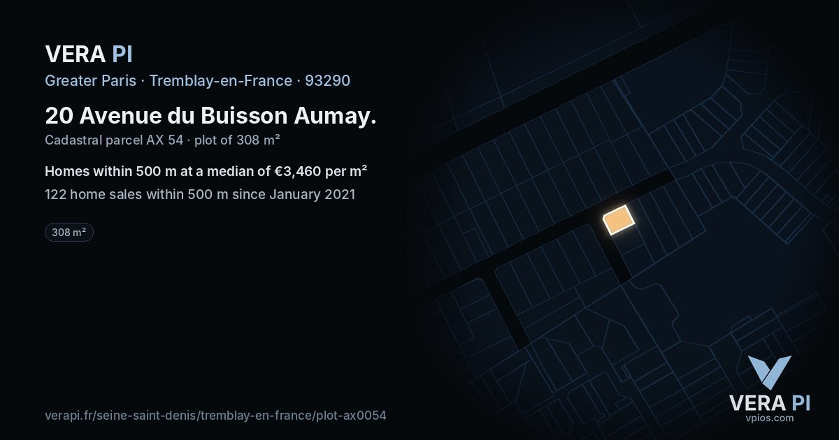 20 Avenue du Buisson Aumay, Tremblay-en-France at night – the plot lit, the parcels around coloured by the prices near them
