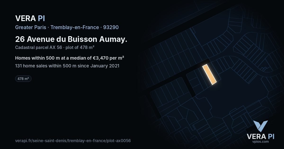 26 Avenue du Buisson Aumay, Tremblay-en-France at night – the plot lit, the parcels around coloured by the prices near them